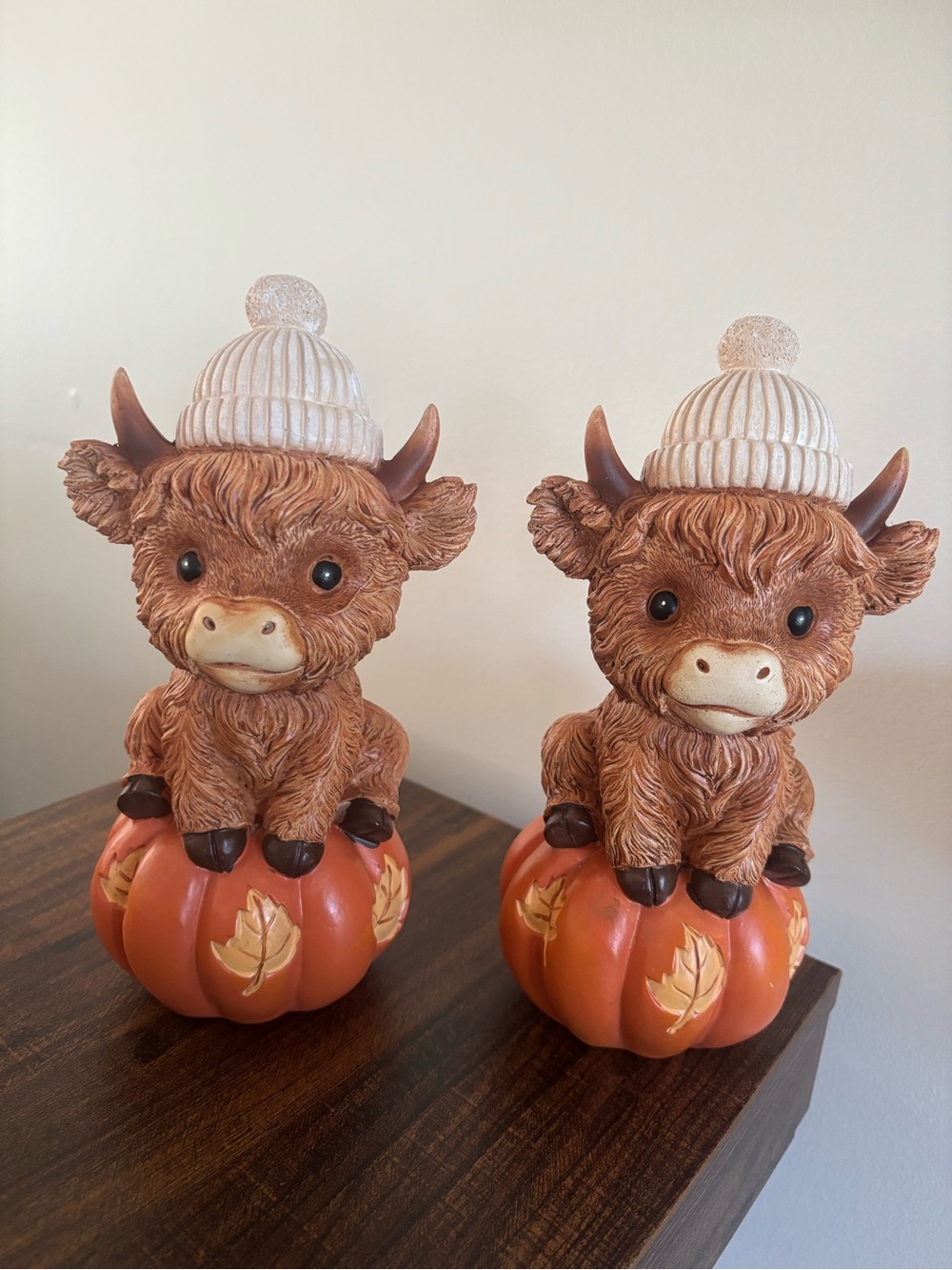 2 Autumn Highland Cow Figurine on Pumpkin - Brown & Cream